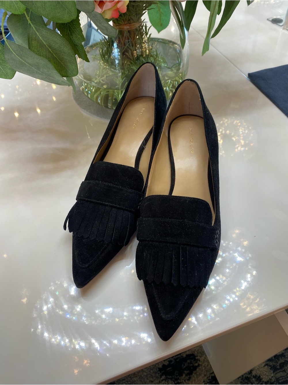 Ann Taylor Black Suede Pointed Tassel Loafers